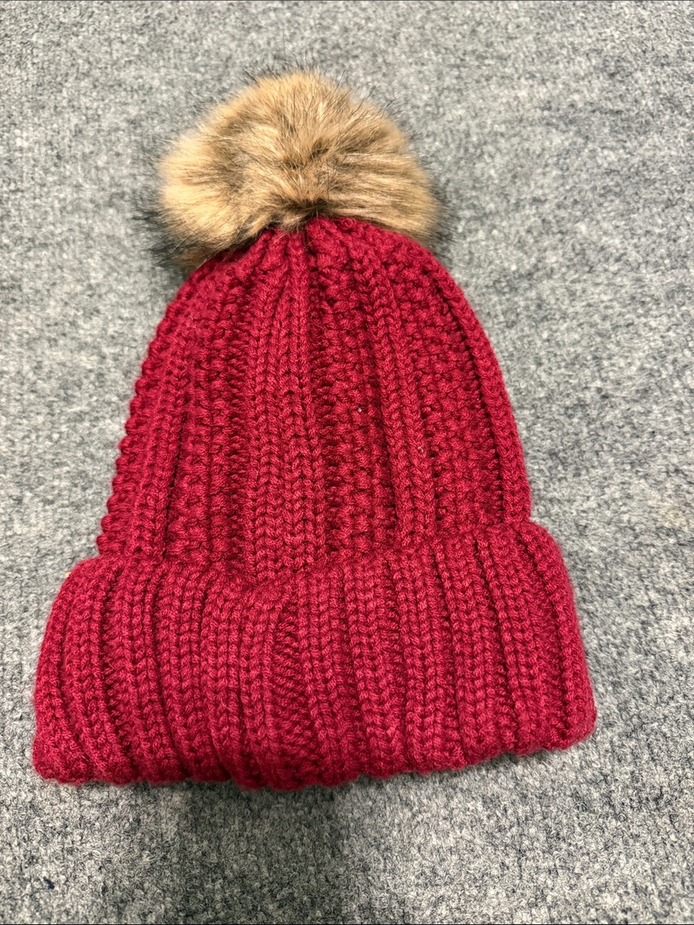 C.C Women’s Burgundy Knit Beanie with Faux Fur Pom - Picture 3 of 3